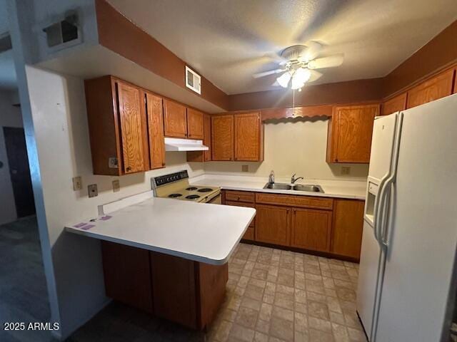 513 S Cardinal Dr, Apache Junction, AZ 85120 - kitchen with white appliances, a sink, under cabinet range hood, a peninsula, and brown cabinetry