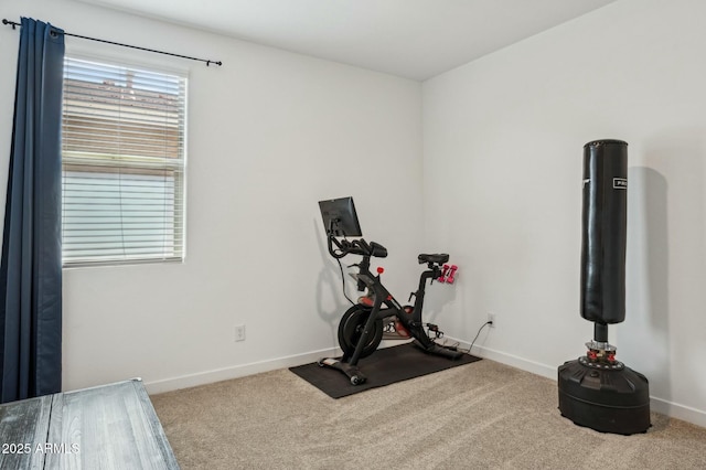 exercise room featuring carpet and baseboards