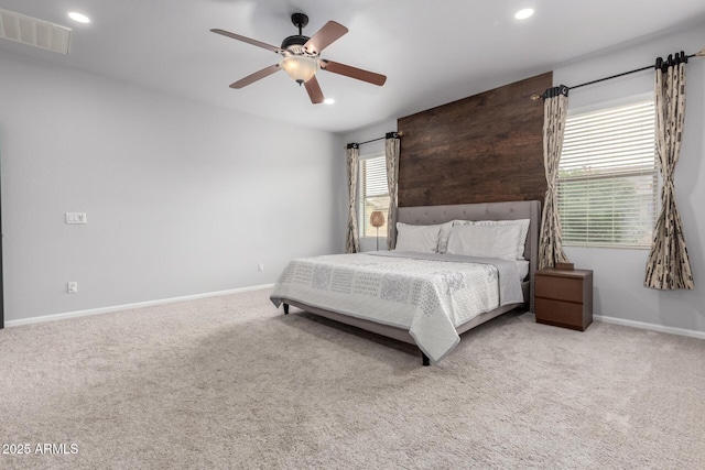 bedroom featuring baseboards, carpet, recessed lighting, and ceiling fan