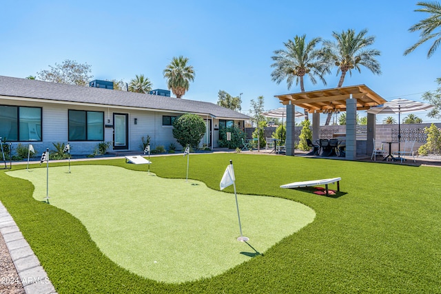 view of property's community with a pergola and a patio area