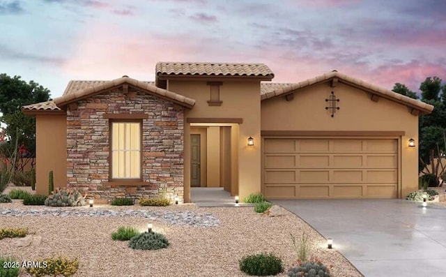 20111 W San Miguel Ave, Litchfield Park, AZ 85340 - mediterranean / spanish-style house featuring a tile roof, stucco siding, an attached garage, concrete driveway, and stone siding