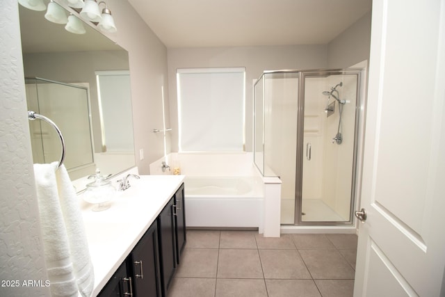 20471 E Carriage Way, Queen Creek, AZ 85142 - bathroom featuring vanity, a stall shower, a bath, and tile patterned floors