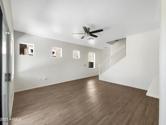 4229 E Betsy Ln, Gilbert, AZ 85296 - unfurnished living room featuring a ceiling fan, stairs, and dark wood finished floors
