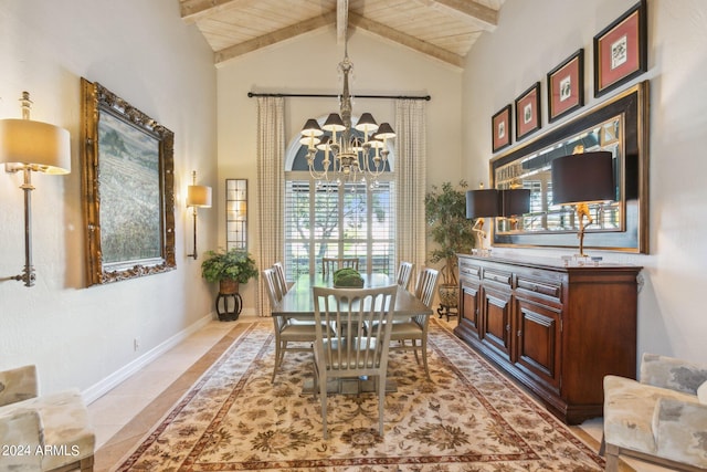 tiled dining space with lofted ceiling with beams, wooden ceiling, and a notable chandelier