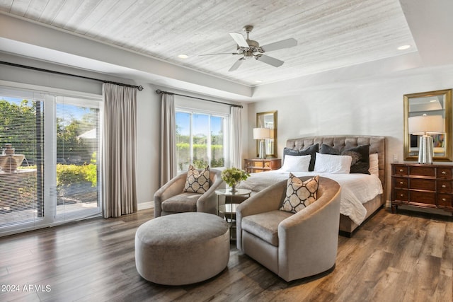 bedroom featuring dark hardwood / wood-style floors, access to outside, ceiling fan, and wood ceiling