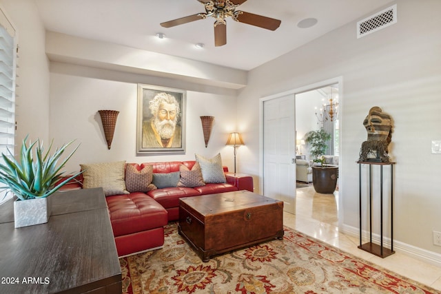 living room with ceiling fan