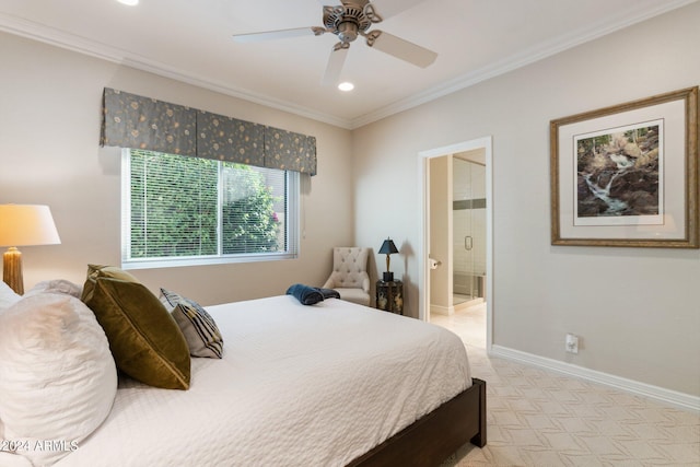 carpeted bedroom with ensuite bath, ceiling fan, and ornamental molding