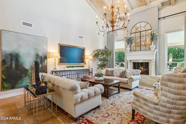 living room with beam ceiling, high vaulted ceiling, wooden ceiling, and a notable chandelier