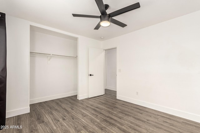 2710 S Shelby, Mesa, AZ 85209 - unfurnished bedroom with wood finished floors, baseboards, a closet, and a ceiling fan