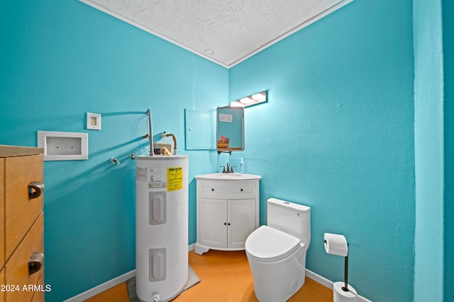 bathroom featuring electric water heater, vanity, toilet, and a textured ceiling