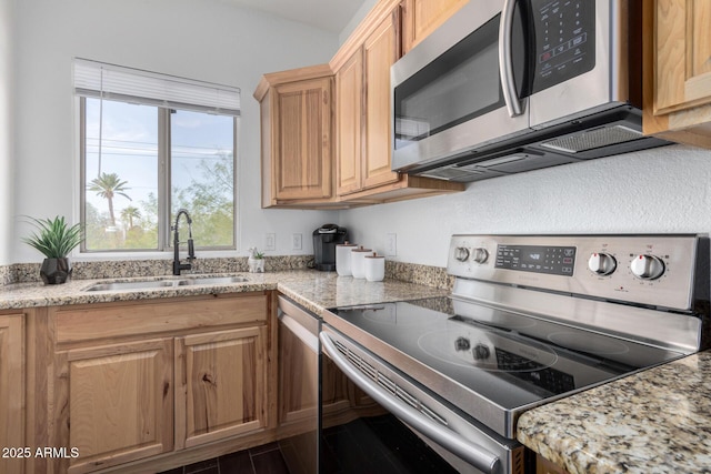 kitchen with light stone counters, stainless steel appliances, and sink