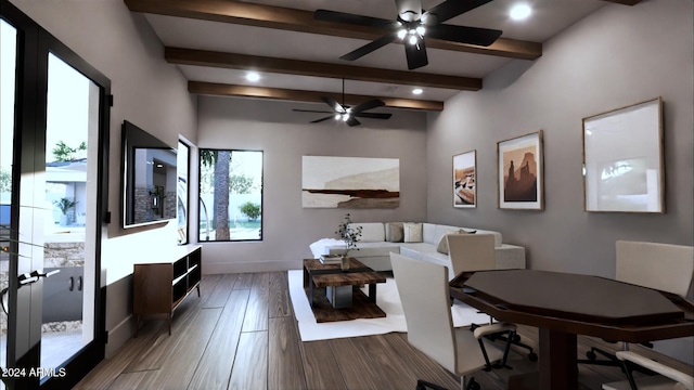 interior space with beamed ceiling, ceiling fan, and wood-type flooring