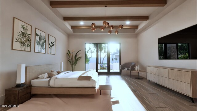 bedroom featuring beamed ceiling, access to outside, and hardwood / wood-style flooring