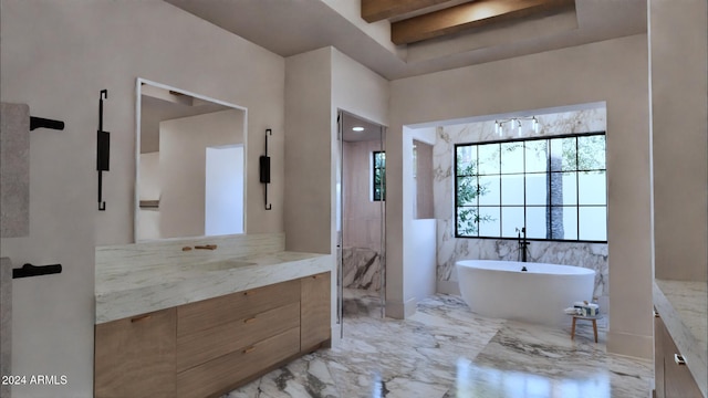 bathroom with beamed ceiling, vanity, and plus walk in shower