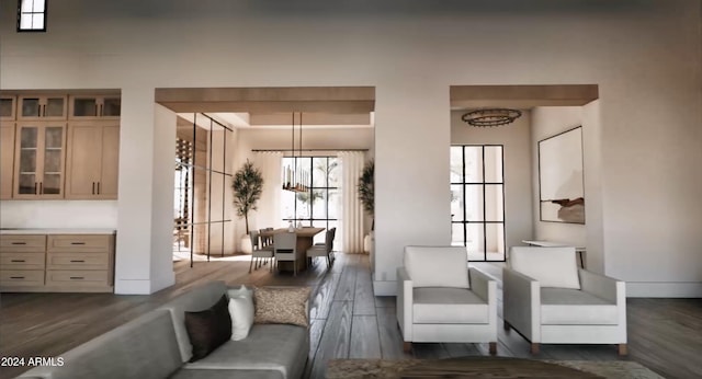 living room featuring dark wood-type flooring