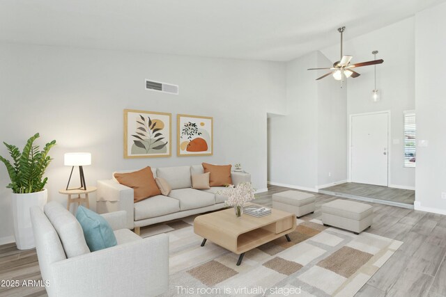 4634 W Aire Libre Ave, Glendale, AZ 85306 - living room featuring visible vents, high vaulted ceiling, a ceiling fan, wood finished floors, and baseboards