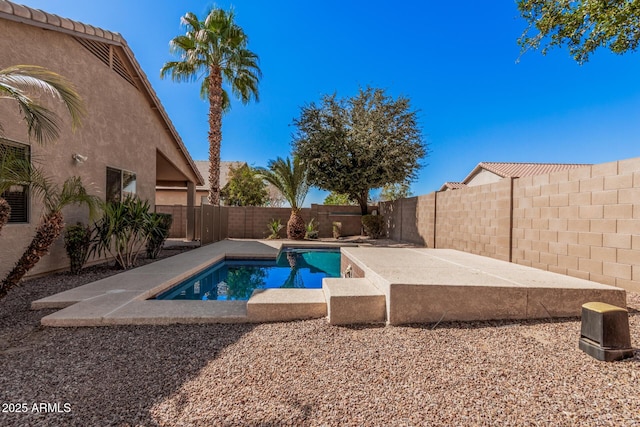 view of swimming pool featuring a fenced backyard, a patio, and a fenced in pool