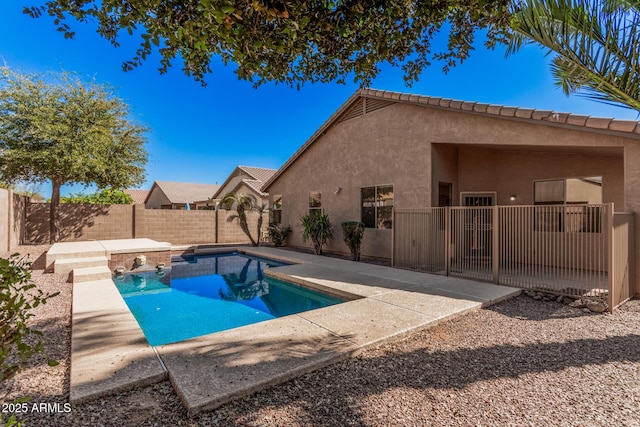 view of pool featuring a fenced backyard, a patio area, and a fenced in pool