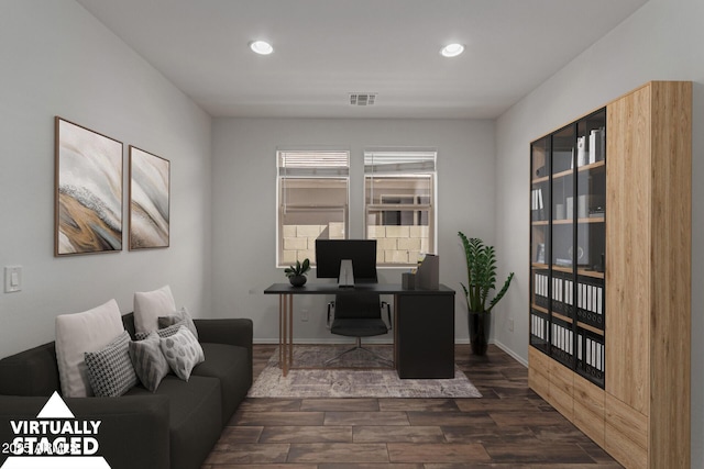 office area with dark wood finished floors, recessed lighting, and baseboards