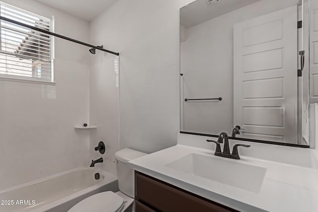 full bathroom featuring visible vents, shower / bathtub combination, toilet, and vanity