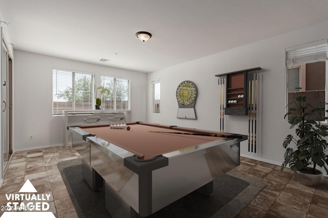 game room featuring billiards, visible vents, and baseboards