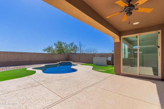 view of swimming pool with a ceiling fan, a patio area, a fenced in pool, and a fenced backyard