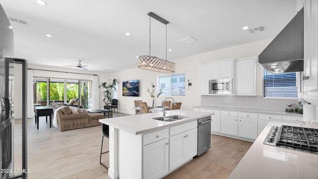 kitchen with white cabinets, sink, and exhaust hood