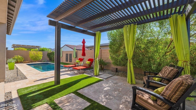 view of patio featuring a pergola, french doors, and a fenced in pool