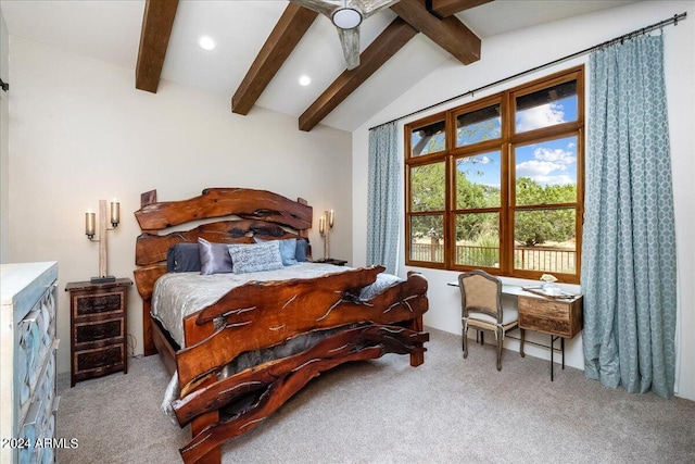 carpeted bedroom featuring recessed lighting and vaulted ceiling with beams