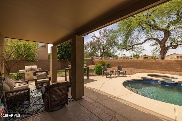 9708 E Pampa Ave, Mesa, AZ 85212 - view of patio / terrace featuring a fenced backyard, a grill, and a pool with connected hot tub