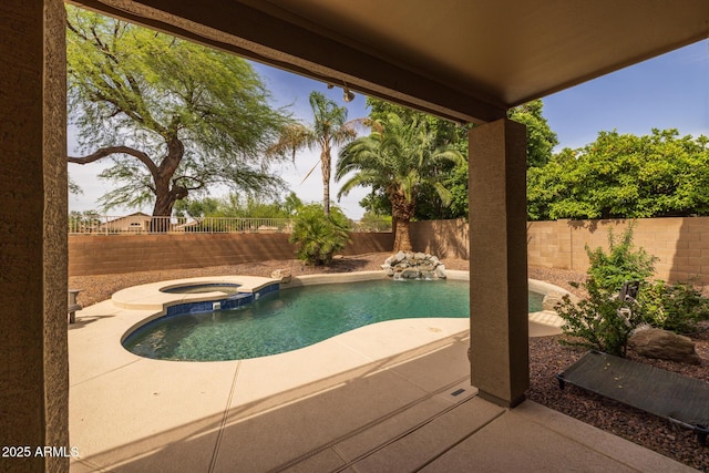 9708 E Pampa Ave, Mesa, AZ 85212 - view of swimming pool featuring a patio, a fenced backyard, and a pool with connected hot tub