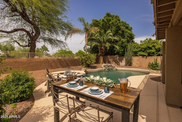 9708 E Pampa Ave, Mesa, AZ 85212 - view of swimming pool with a patio, a fenced backyard, and outdoor dining space