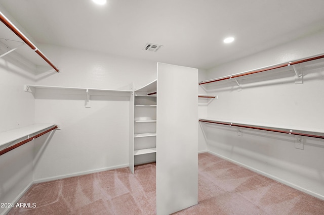 walk in closet featuring light colored carpet