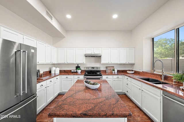 kitchen with white cabinetry, sink, a kitchen island, and appliances with stainless steel finishes