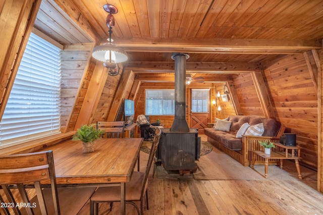 1053 Pond Cir, Forest Lakes, AZ 85931 - dining area featuring wooden ceiling, a wood stove, light wood-style floors, wood walls, and vaulted ceiling with beams