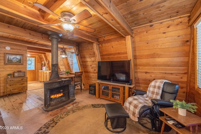 1053 Pond Cir, Forest Lakes, AZ 85931 - living room featuring beamed ceiling, wooden walls, and wooden ceiling