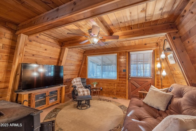 1053 Pond Cir, Forest Lakes, AZ 85931 - carpeted living room featuring ceiling fan, wooden ceiling, wooden walls, and beamed ceiling