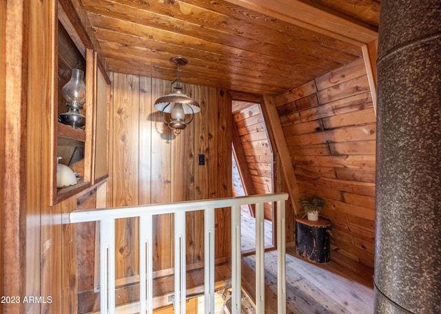 1053 Pond Cir, Forest Lakes, AZ 85931 - hallway with wood ceiling, wooden walls, and wood-type flooring