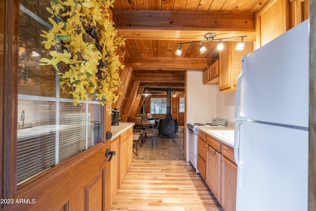 1053 Pond Cir, Forest Lakes, AZ 85931 - kitchen featuring wooden ceiling, light countertops, light wood finished floors, and white appliances