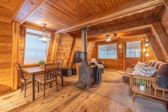 1053 Pond Cir, Forest Lakes, AZ 85931 - dining room featuring a wood stove, a wealth of natural light, wood walls, wood-type flooring, and beam ceiling