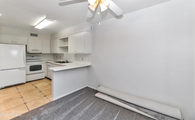 kitchen with sink, light tile patterned flooring, white cabinets, white appliances, and ceiling fan