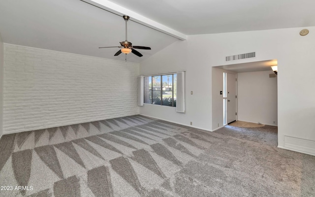 spare room with beam ceiling, high vaulted ceiling, light colored carpet, and ceiling fan