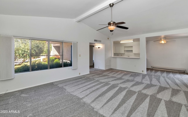 unfurnished living room featuring a baseboard heating unit, vaulted ceiling with beams, carpet floors, and ceiling fan