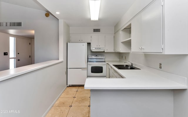 kitchen featuring kitchen peninsula, white cabinets, light tile patterned floors, sink, and white appliances