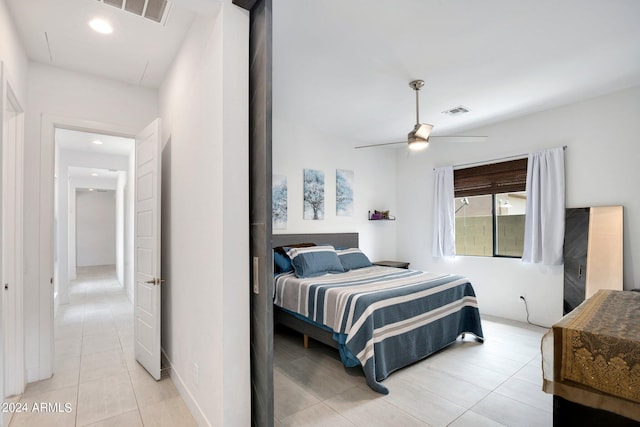bedroom with light tile patterned floors, ceiling fan, recessed lighting, and visible vents