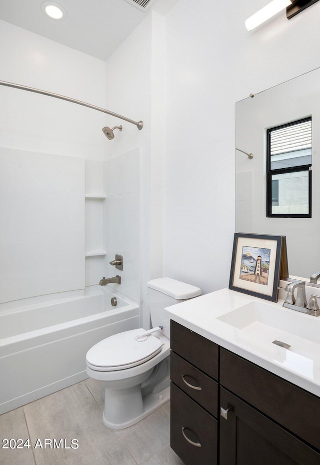bathroom with shower / bath combination, vanity, toilet, and visible vents