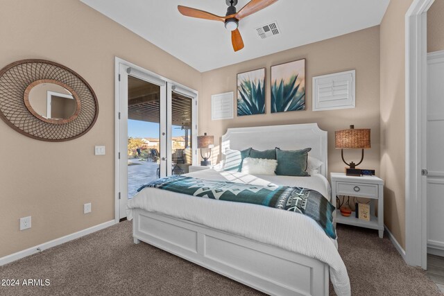 bedroom featuring access to outside, carpet floors, and ceiling fan