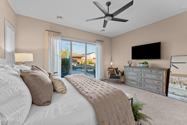 bedroom with access to outside, carpet flooring, and ceiling fan