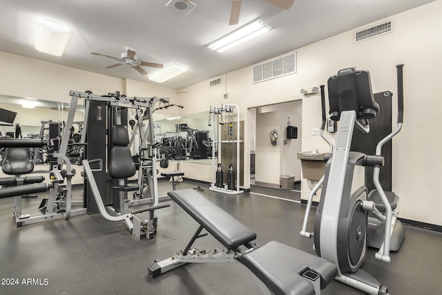 workout area with ceiling fan