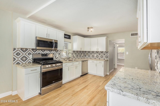 kitchen featuring white cabinets, sink, light hardwood / wood-style flooring, decorative backsplash, and stainless steel appliances